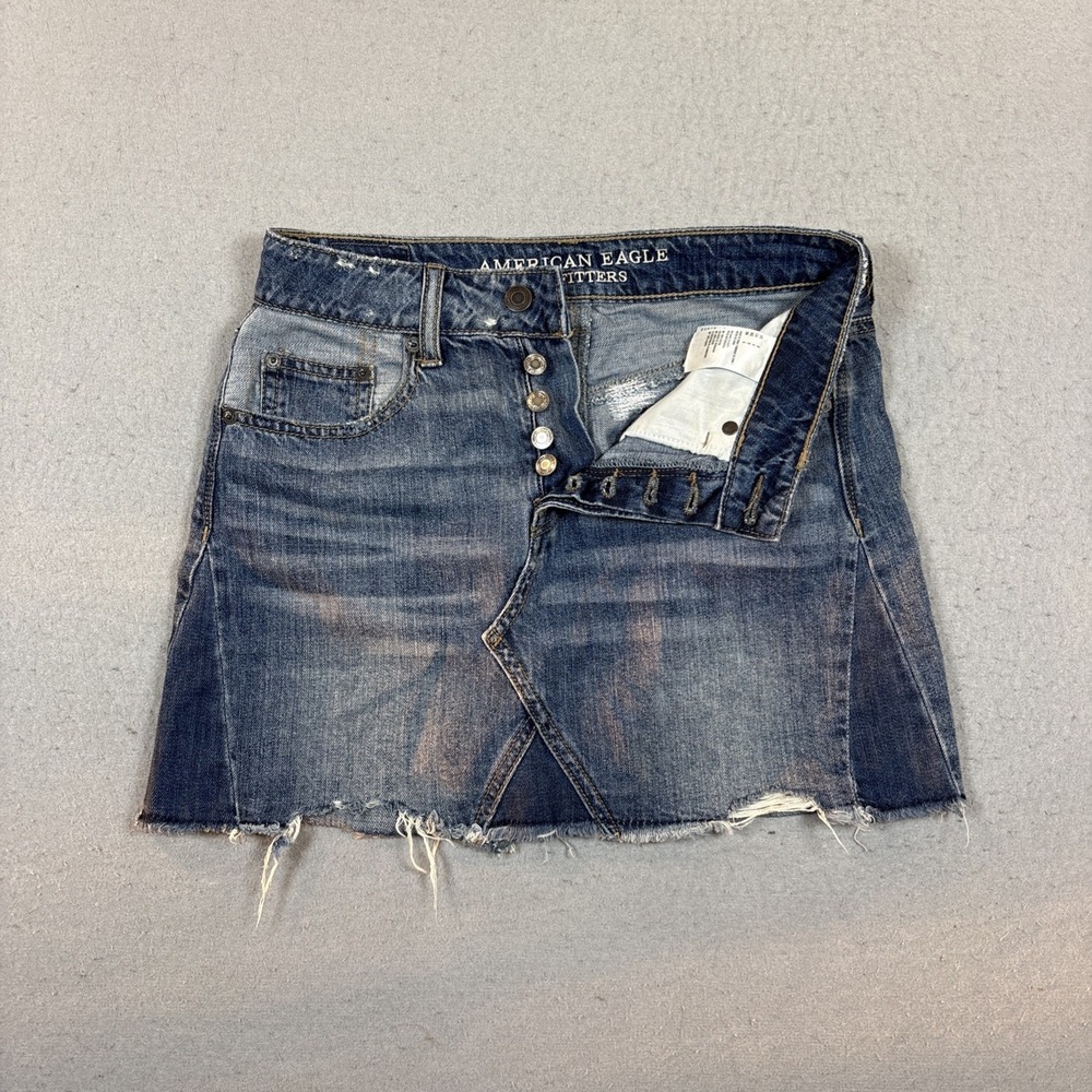 American Eagle Outfitters Jean Skirt size 0 Blue Denim Button Fly Distress Mini